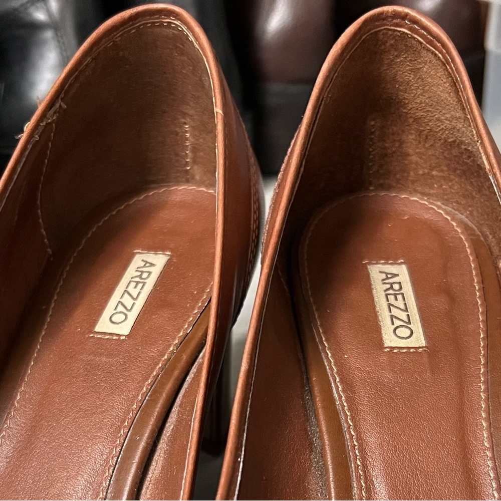 AREZZO Almond Toe Block Heel Leather Penny Loafer in Cognac Brown - Picture 4 of 15